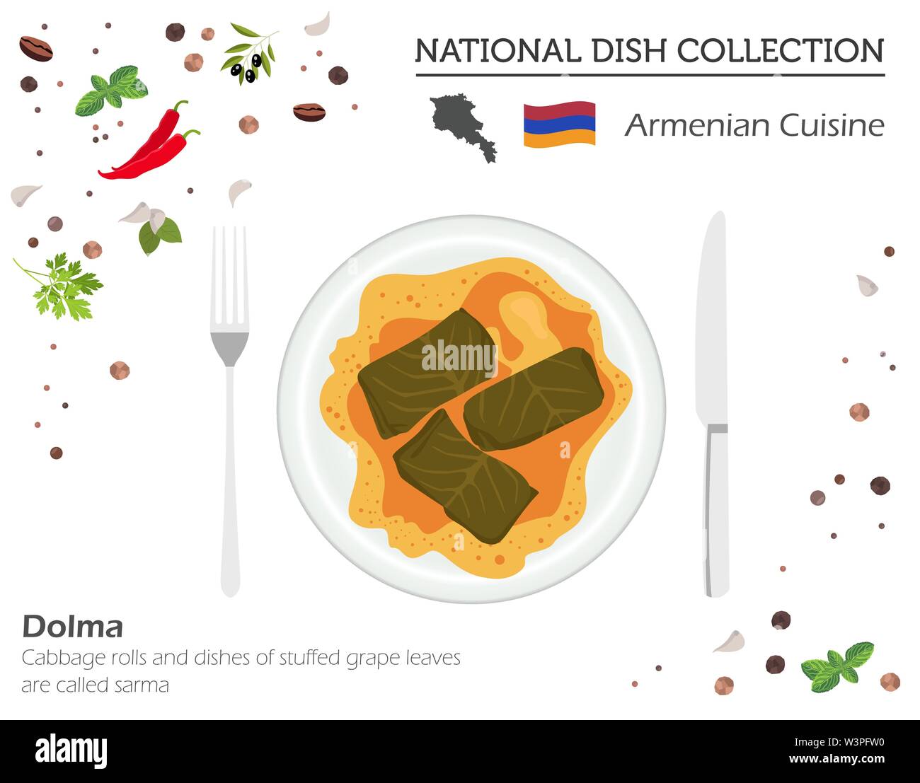 La cucina armena. Caucasica piatto nazionale di raccolta. Dolma isolato su bianco, infograpic. Illustrazione Vettoriale Illustrazione Vettoriale