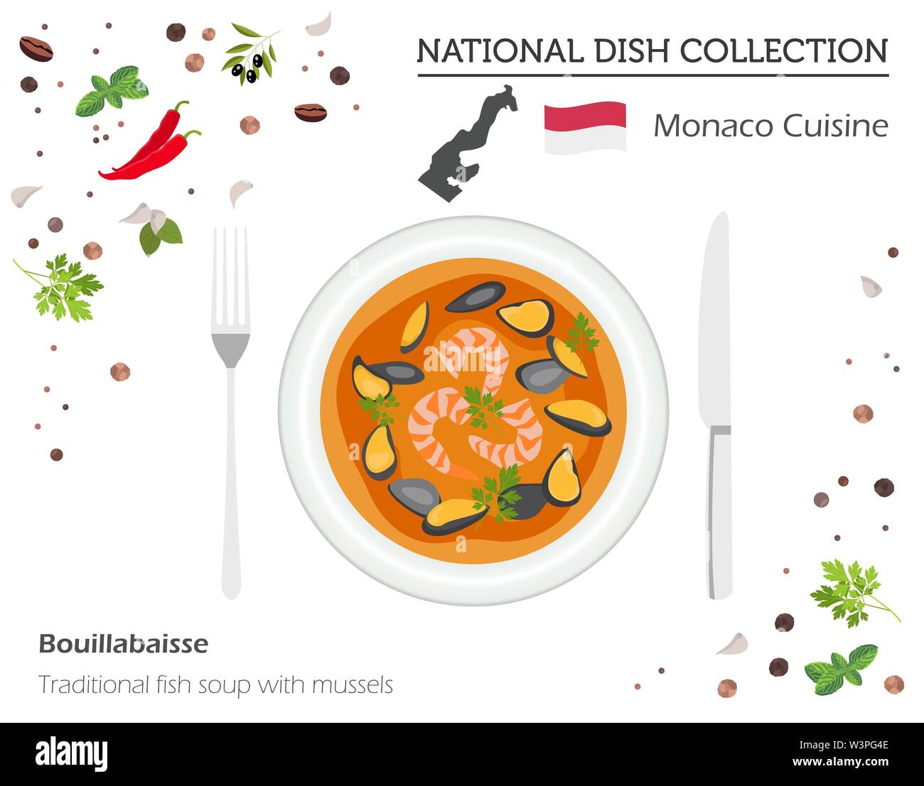 Cucina di Monaco. Europeo piatto nazionale di raccolta. Tradizionale zuppa di pesce con cozze isolato su bianco, una infografica. Illustrazione Vettoriale Illustrazione Vettoriale