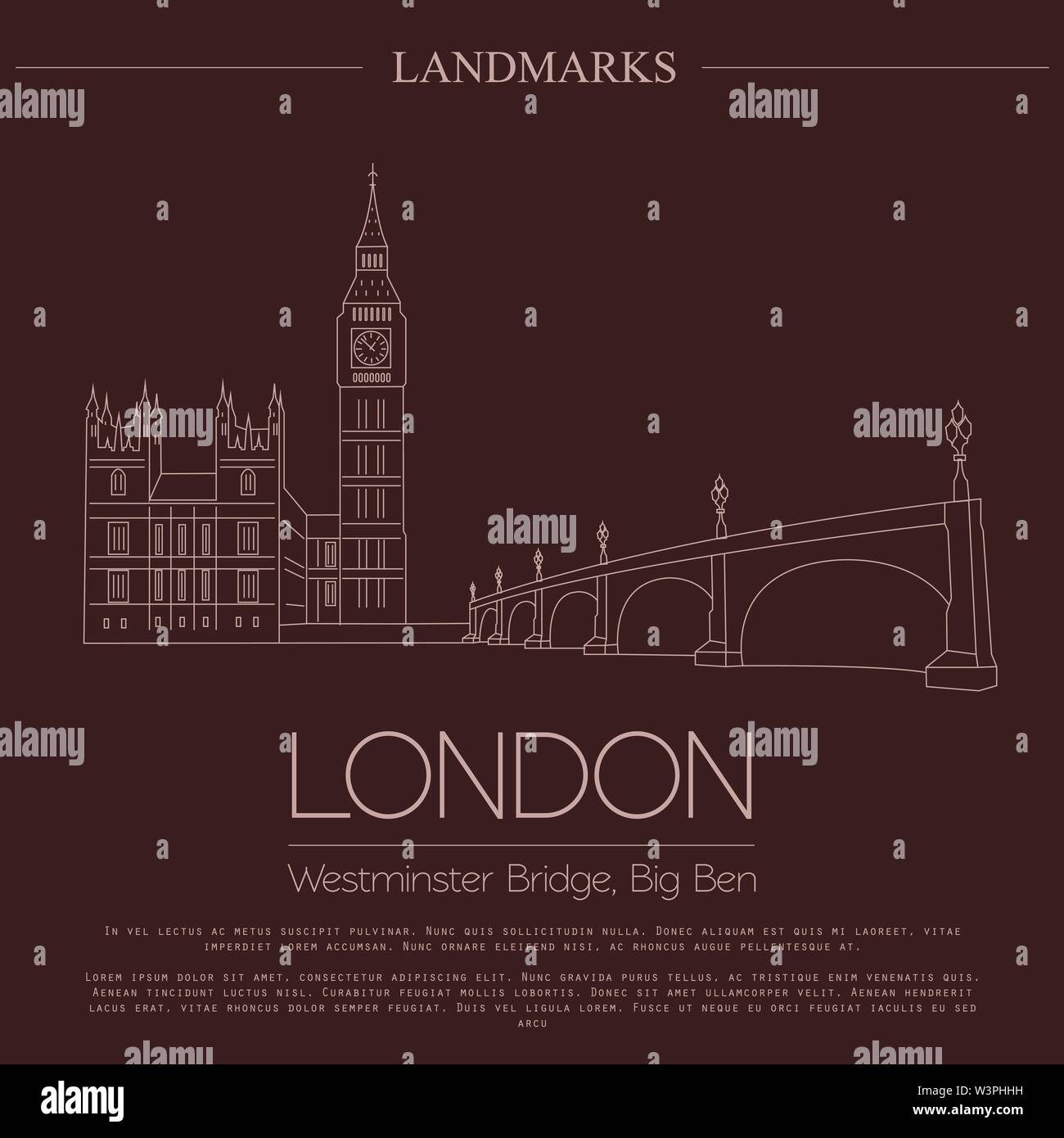 I punti di riferimento del mondo. Londra. Regno Unito.L'Abbazia di Westminster, il ponte e il Big Ben. Modello di grafico. Loghi e distintivi. Il design lineare. Illustrazione Vettoriale Illustrazione Vettoriale