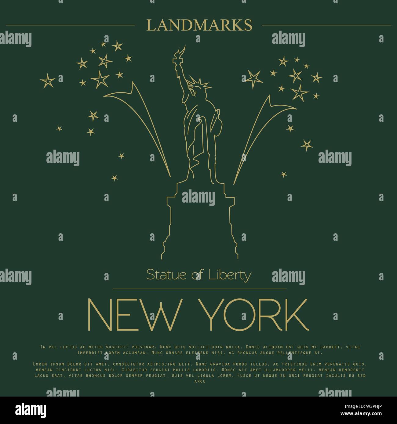 I punti di riferimento del mondo. New York. Stati Uniti d'America. La Statua della Libertà. Modello di grafico. Loghi e distintivi. Il design lineare. Illustrazione Vettoriale Illustrazione Vettoriale