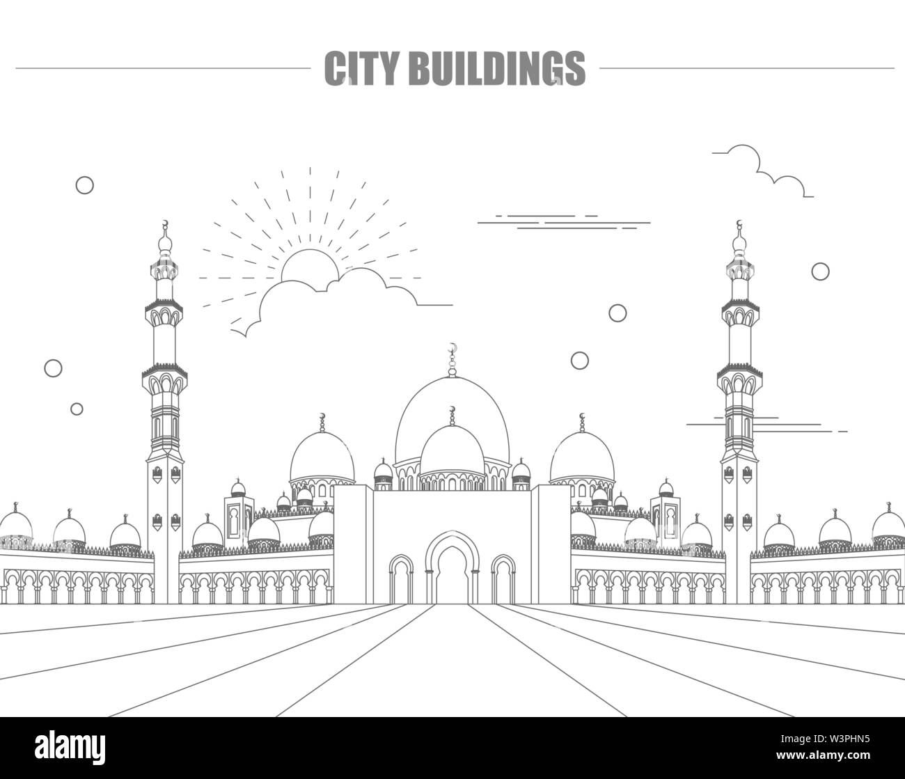 Gli edifici della città modello grafico. La moschea degli Emirati Arabi Uniti. Illustrazione Vettoriale Illustrazione Vettoriale