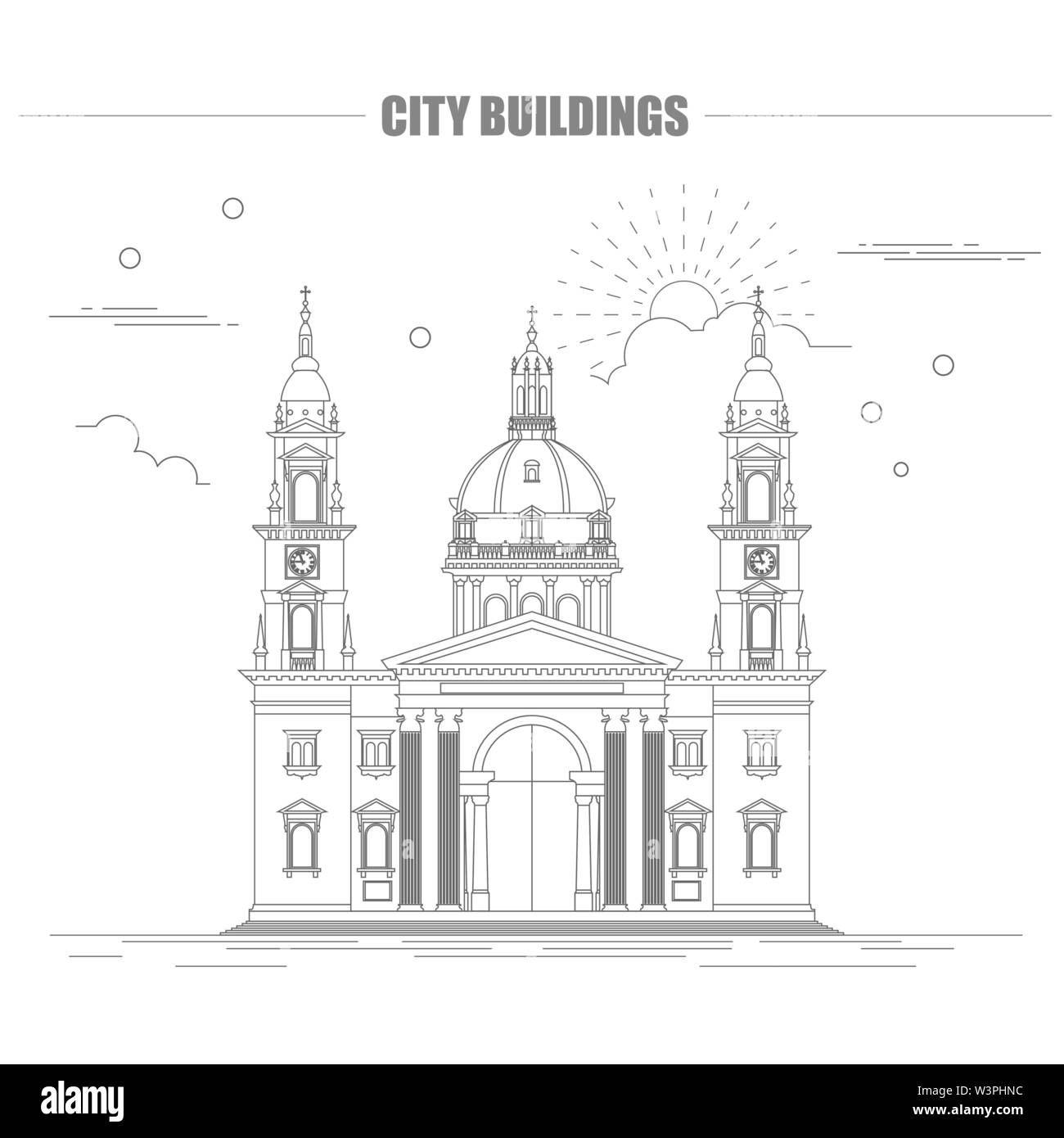 Gli edifici della città modello grafico. San Istvan cattedrale. Illustrazione Vettoriale Illustrazione Vettoriale