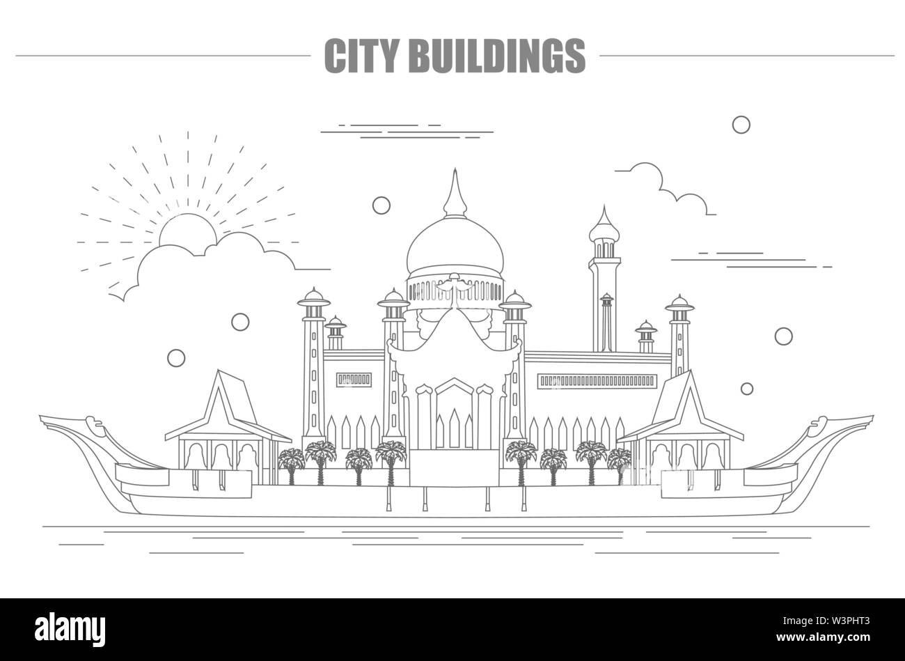 Gli edifici della città modello grafico. Il sultano Omar moschea. In Brunei. Illustrazione Vettoriale Illustrazione Vettoriale