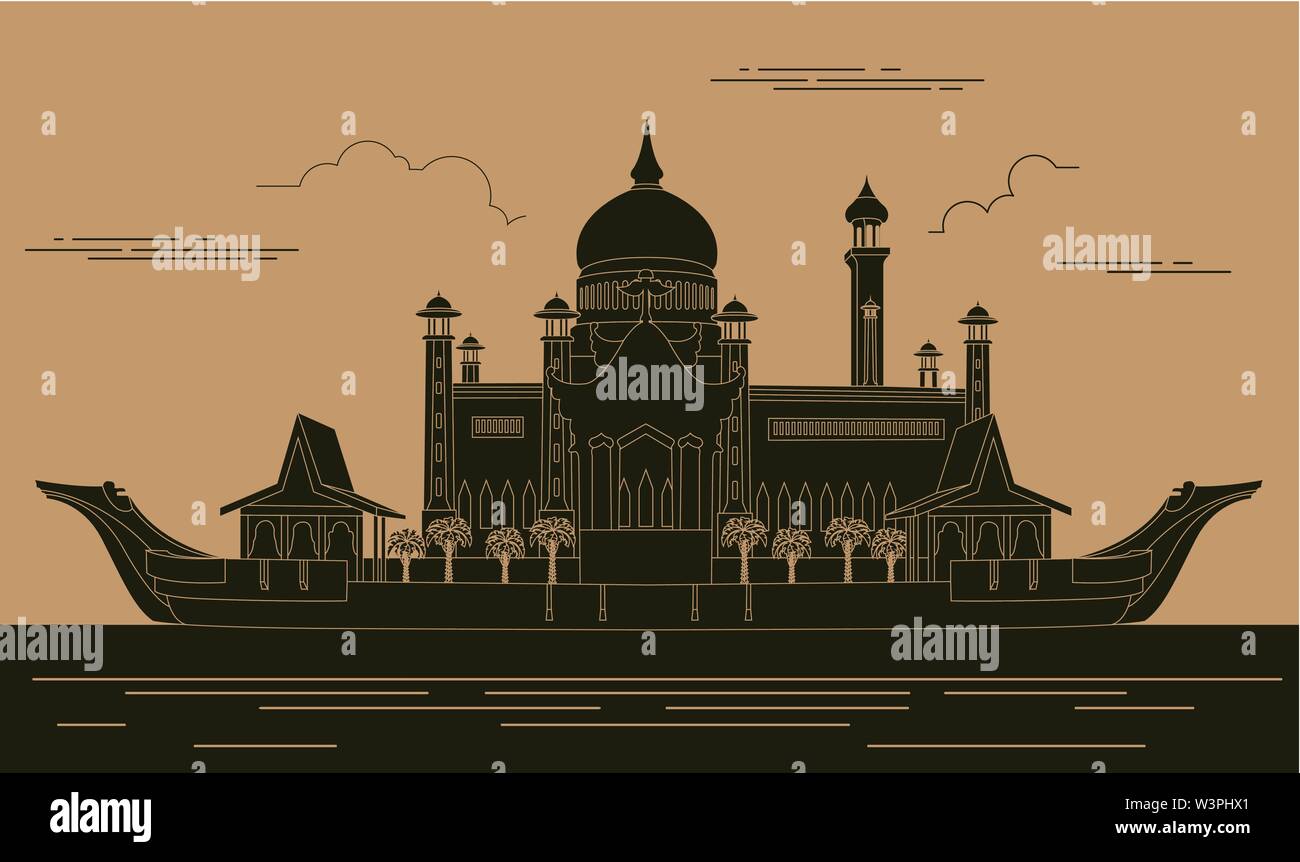 Gli edifici della città modello grafico. Il sultano Omar moschea. In Brunei. Illustrazione Vettoriale Illustrazione Vettoriale