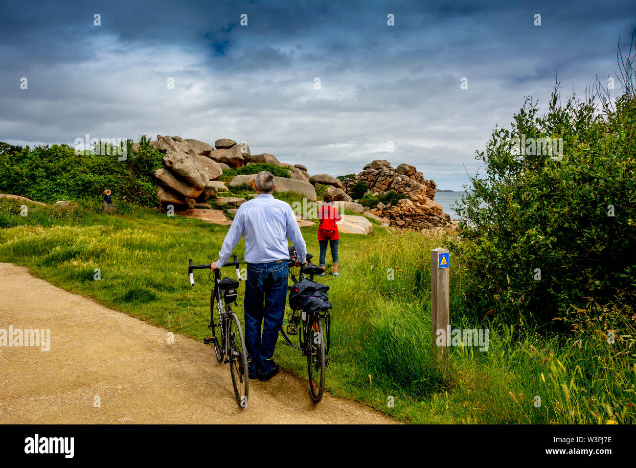 Rocce giganti. Di granito rosa costa vicino Ploumanach, Cotes-d'Armor dipartimento, Bretagne, Francia Foto Stock