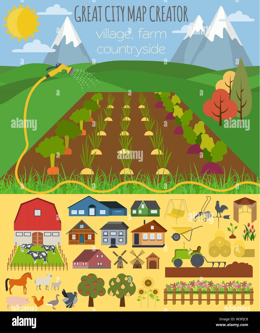 Grande città mappa creatore. Village, agriturismo, campagna, l'agricoltura. Rendere perfetta la tua città. Illustrazione Vettoriale Illustrazione Vettoriale