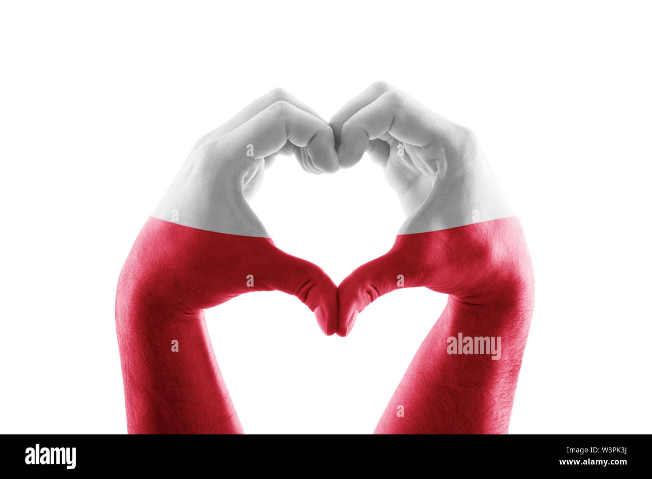 Due mani in forma di cuore con la bandiera polacca isolati su sfondo bianco Foto Stock