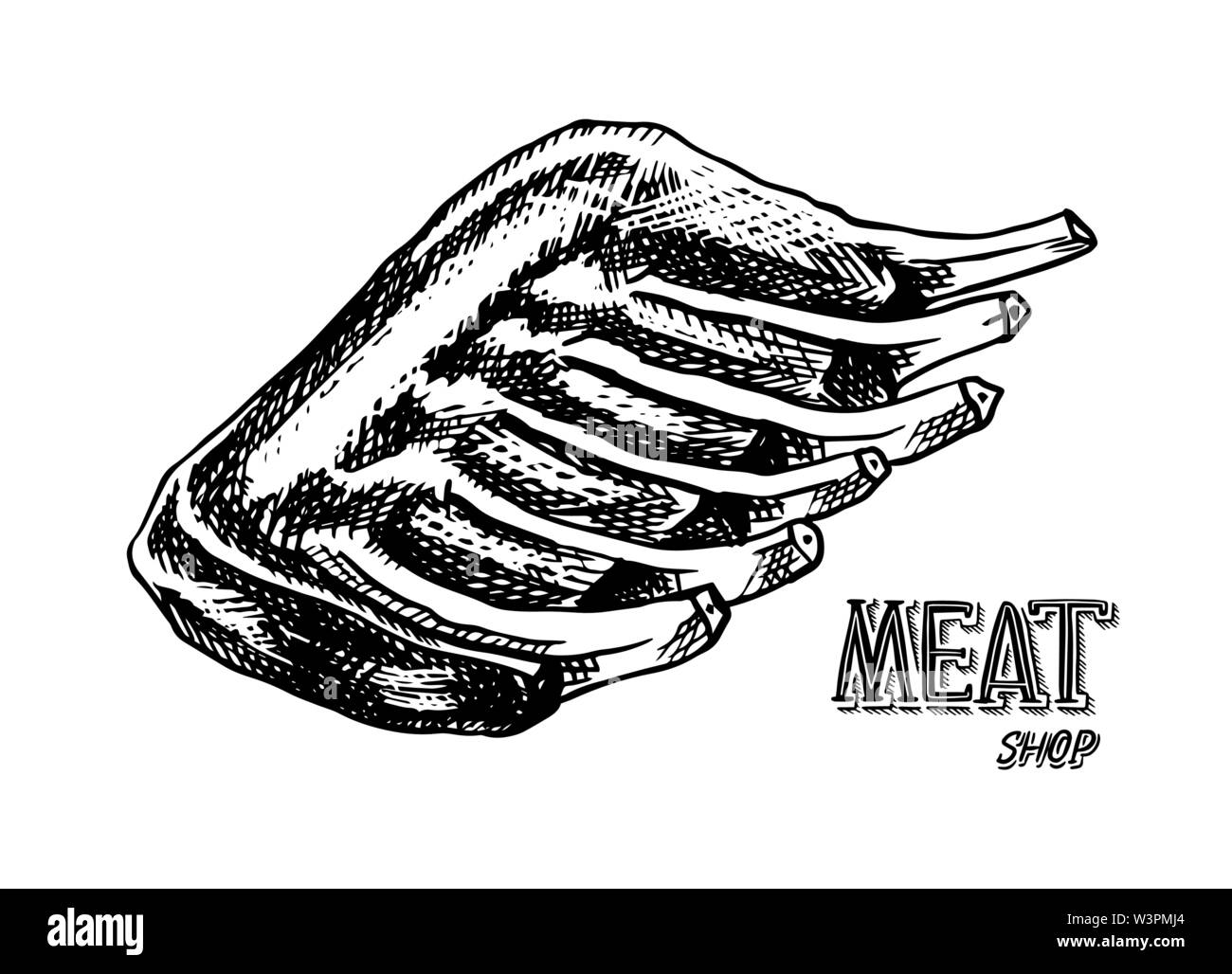 Carne alla brace, barbecue di carne di maiale o costate di manzo. Con barbecue in stile vintage. I modelli per il menu del ristorante, emblemi o badge. Mano bozzetto. Illustrazione Vettoriale