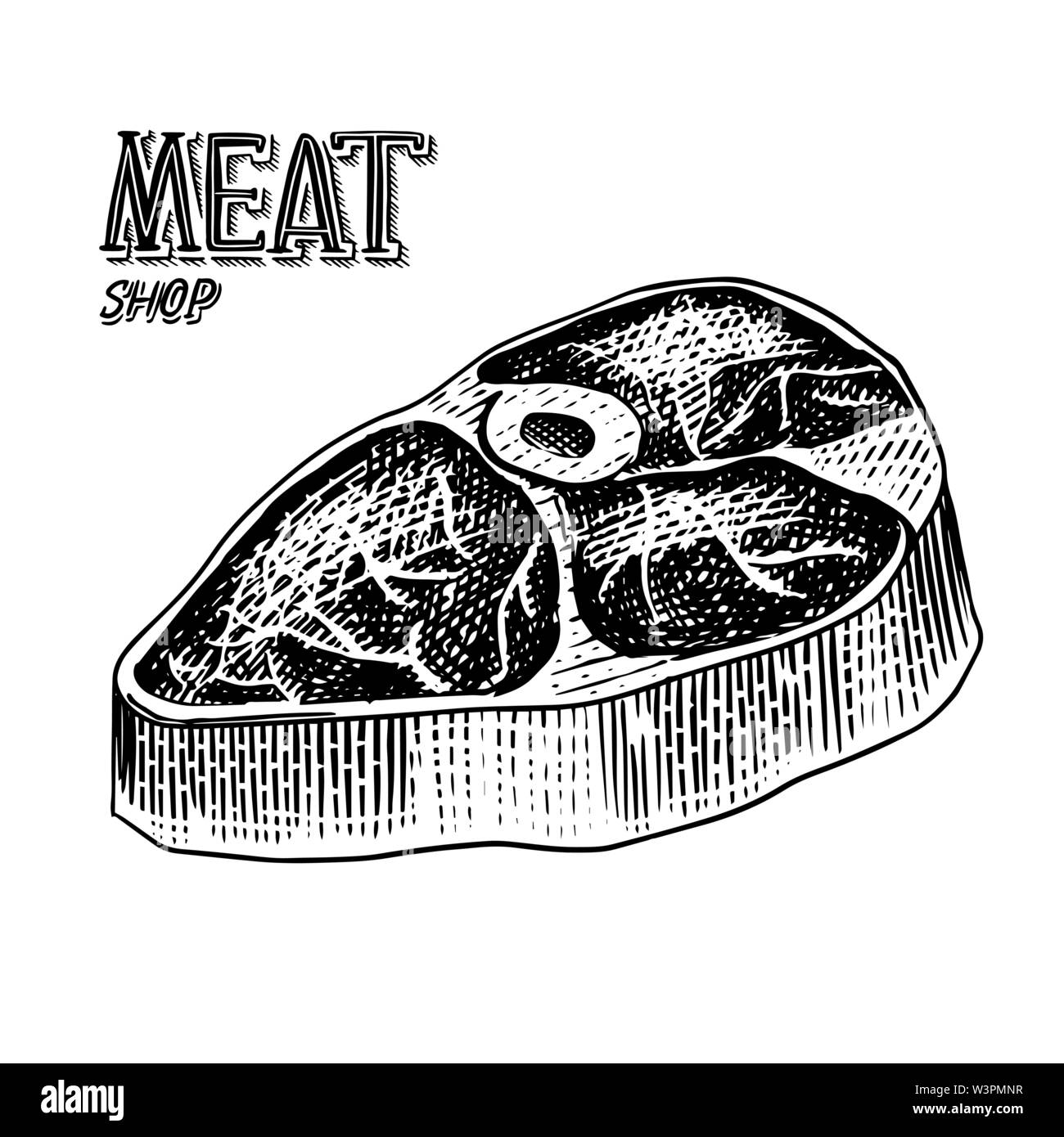 Carne alla Brace bistecca, barbecue di carne di maiale o di manzo Barbecue. Il cibo in stile vintage. Modello per il menu del ristorante, emblemi o badge. Mano bozzetto. Illustrazione Vettoriale