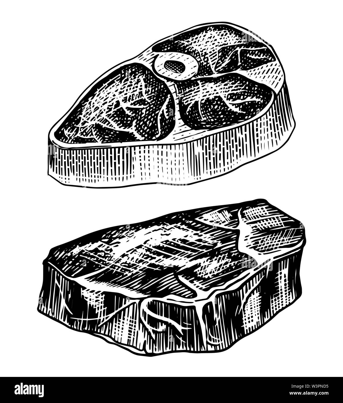 Carne alla Brace bistecca, barbecue di carne di maiale o di manzo Barbecue. Il cibo in stile vintage. Modello per il menu del ristorante, emblemi o badge. Mano bozzetto. Illustrazione Vettoriale