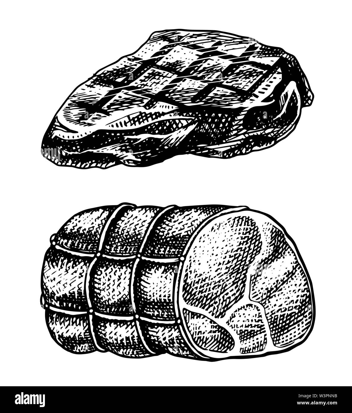 Carne alla Brace bistecca, barbecue di carne di maiale o di manzo Barbecue. Il cibo in stile vintage. Modello per il menu del ristorante, emblemi o badge. Mano bozzetto. Illustrazione Vettoriale