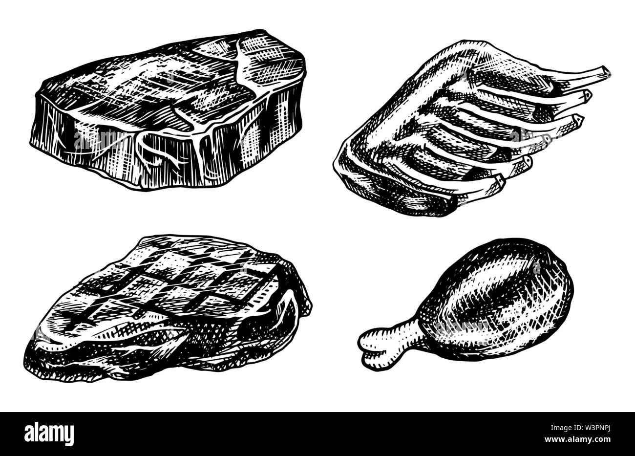 La carne di manzo e maiale bistecca, pollo BBQ, polpettone, pancetta e nervature. Con barbecue in stile vintage. I modelli per il menu del ristorante, emblemi o badge. Mano Illustrazione Vettoriale