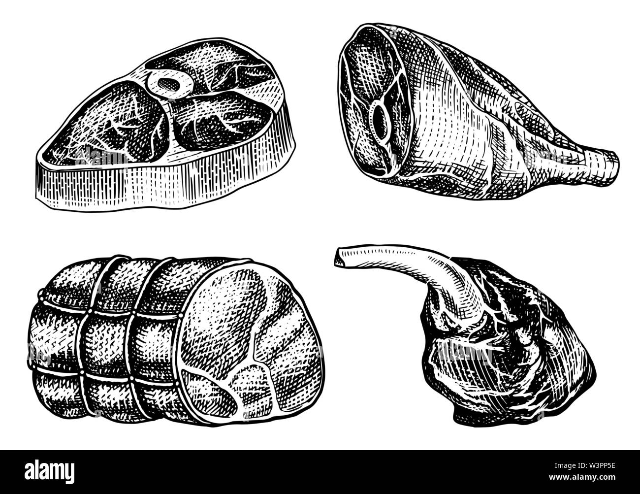 La carne di manzo e maiale bistecca, pollo gamba, polpettone, pancetta e nervature. Con barbecue in stile vintage. I modelli per il menu del ristorante, emblemi o badge. Mano Illustrazione Vettoriale