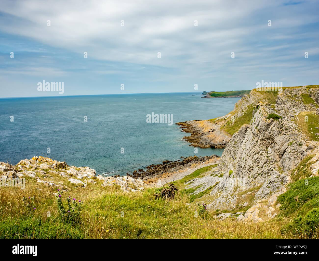 Welsh sentiero costiero, Gower, nel Galles del Sud. Una vista sopra le cime della scogliera, sperone roccioso e promontori Foto Stock