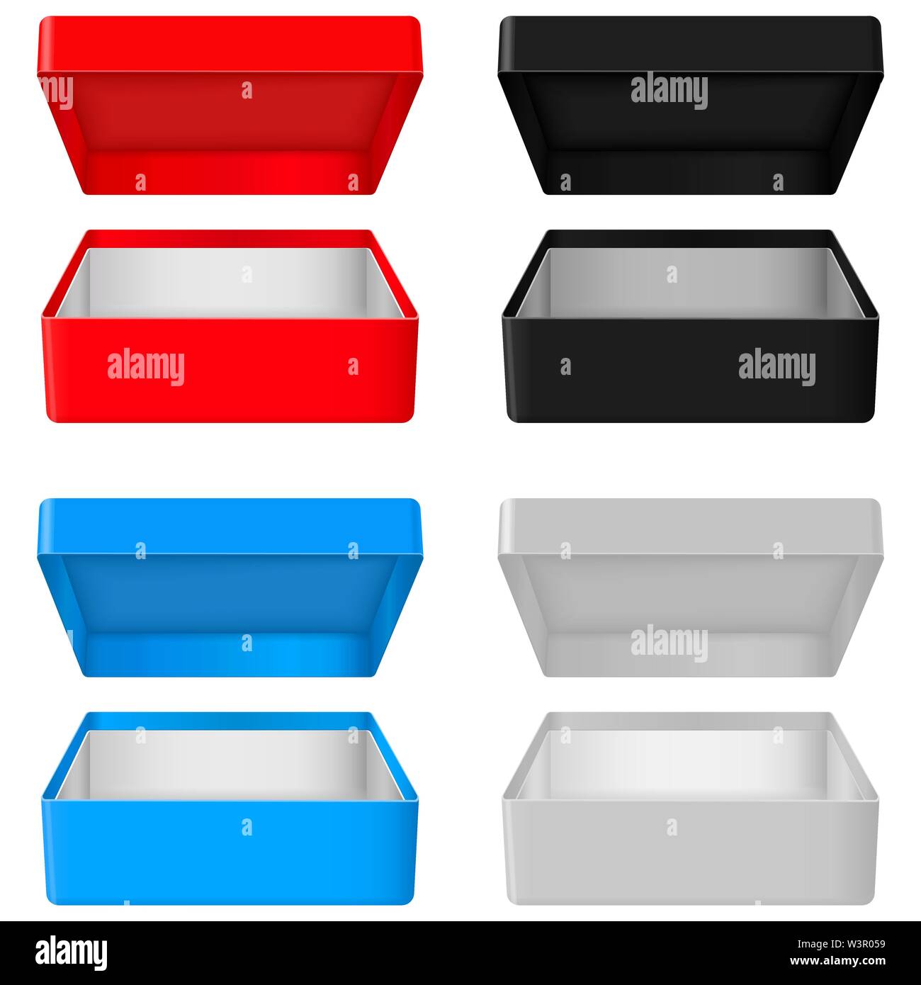 Aprire scatole regalo. Scatola di cartone realistico mock up Illustrazione Vettoriale