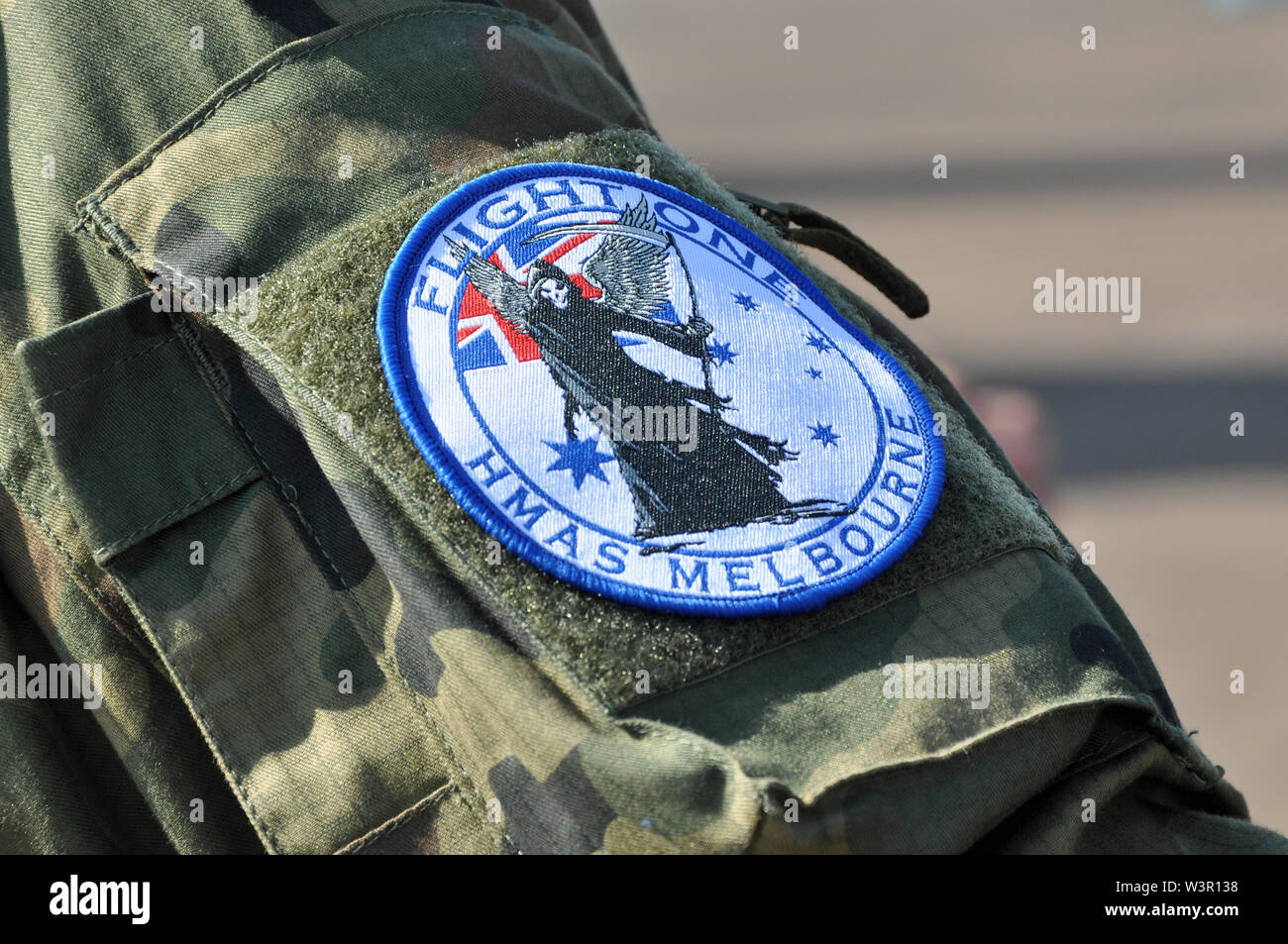 Pilot battenti seme patch. Spalla badge in velcro. HMAS Melbourne volo uno, con Grim Reaper. HMAS Melbourne Adelaide-class guidato-missile frigate Foto Stock