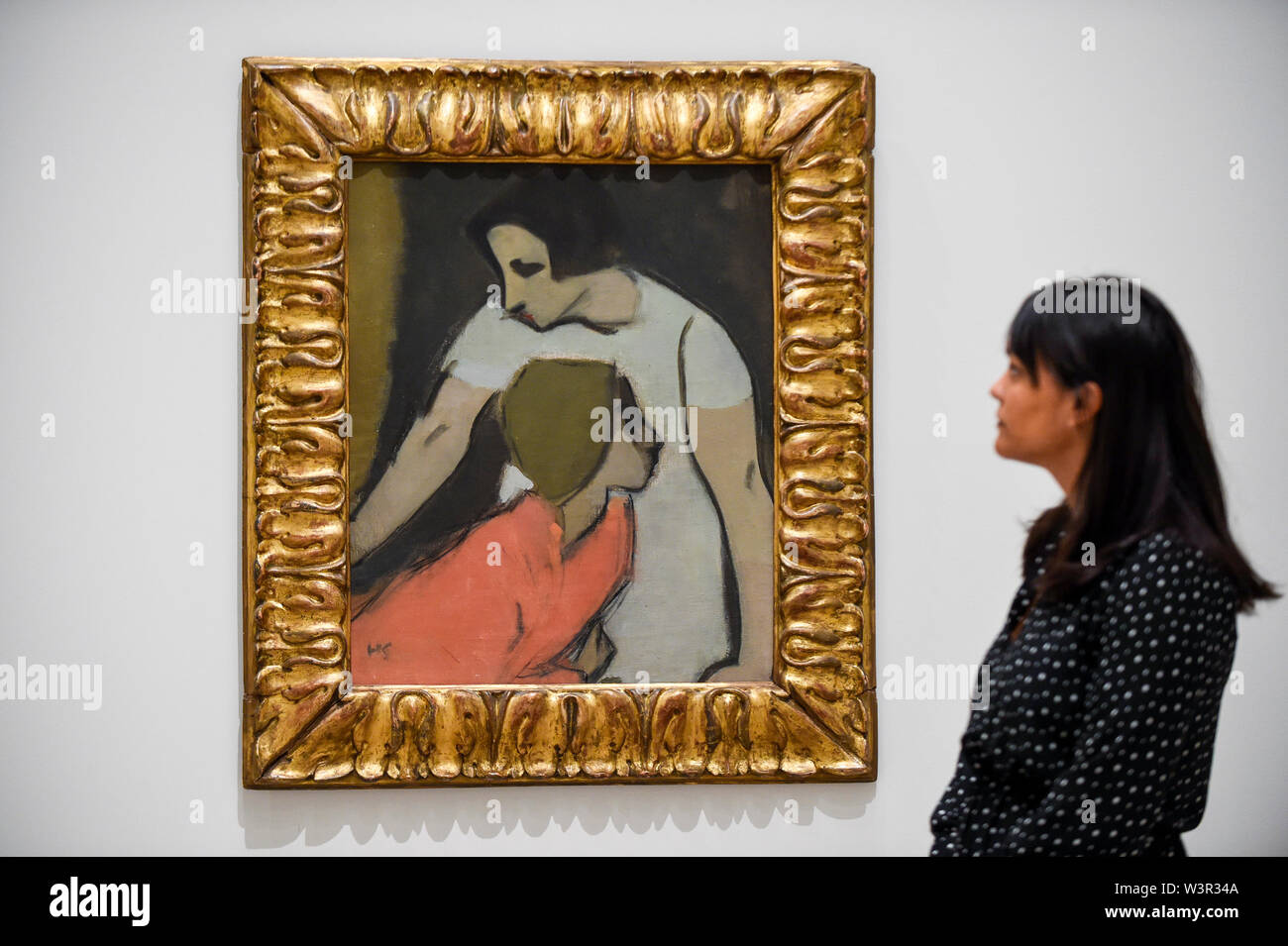 Londra, Regno Unito. Il 17 luglio 2019. Un membro del personale opinioni 'allarme', 1935, da Helene Schjerfbeck presso l'anteprima del primo da solista UK Exhibition di artista finlandese Helene Schjerfbeck presso la Royal Academy of Arts di Piccadilly. La mostra presenta circa 65 ritratti, paesaggi e nature morte e corre 20 Luglio al 27 ottobre 2019. Credito: Stephen Chung / Alamy Live News Foto Stock