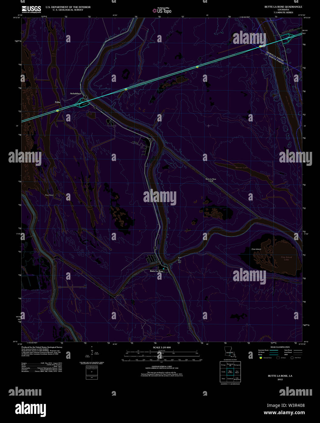 USGS TOPO Mappa Louisiana Butte de la Rose 20120423 TM restauro invertito Foto Stock