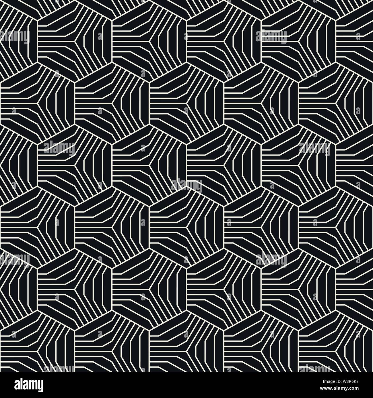 Abstract disegno geometrico con esagoni e strisce. Vector seamless linee sottili dello sfondo. Bianco e nero texture di reticolo. Illustrazione Vettoriale