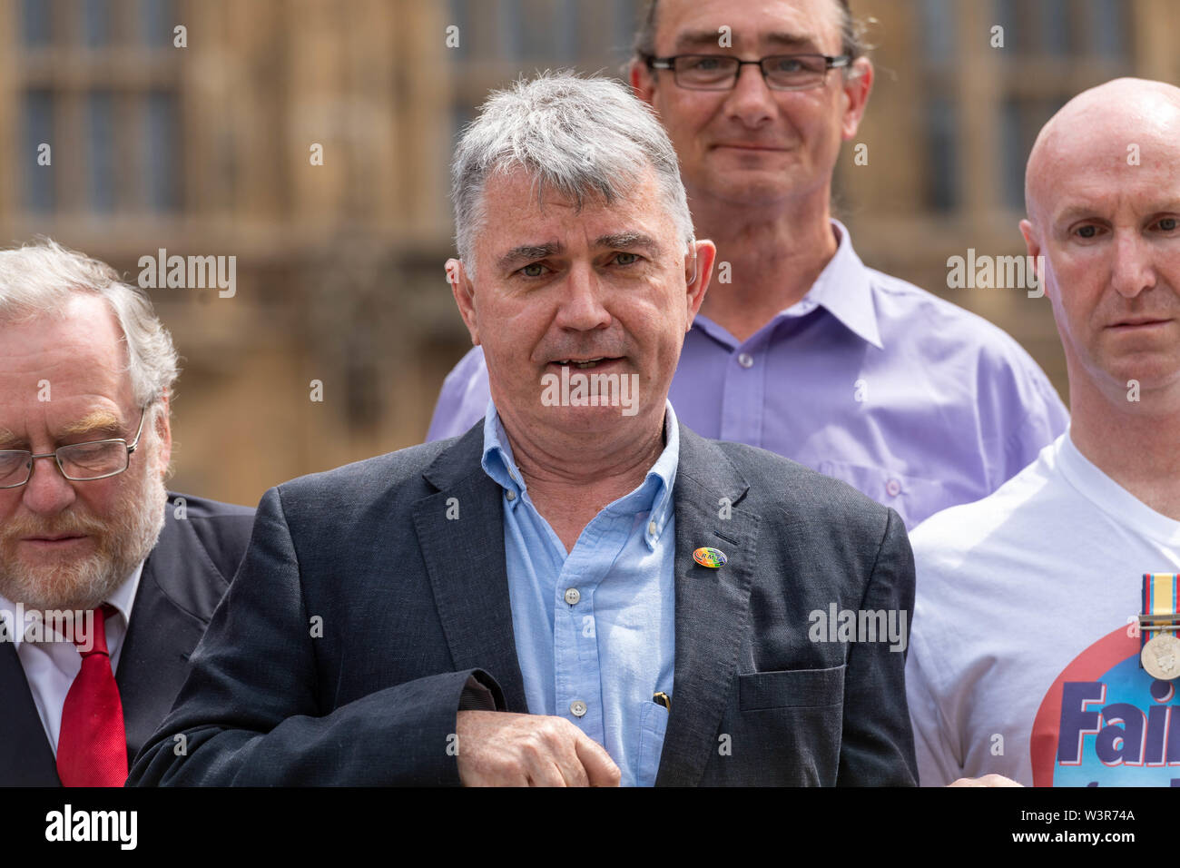 Londra 17 luglio 2019 una lobby parlamentare dalla rotaia marittimo e i lavoratori del settore dei trasporti europea a nome della Flotta Reale marittimi ausiliari oltre al di sotto dell'inflazione aumenti di stipendio. Nella foto, Mick contanti segretario generale del Credito RMT Ian Davidson/Alamy Live News Foto Stock