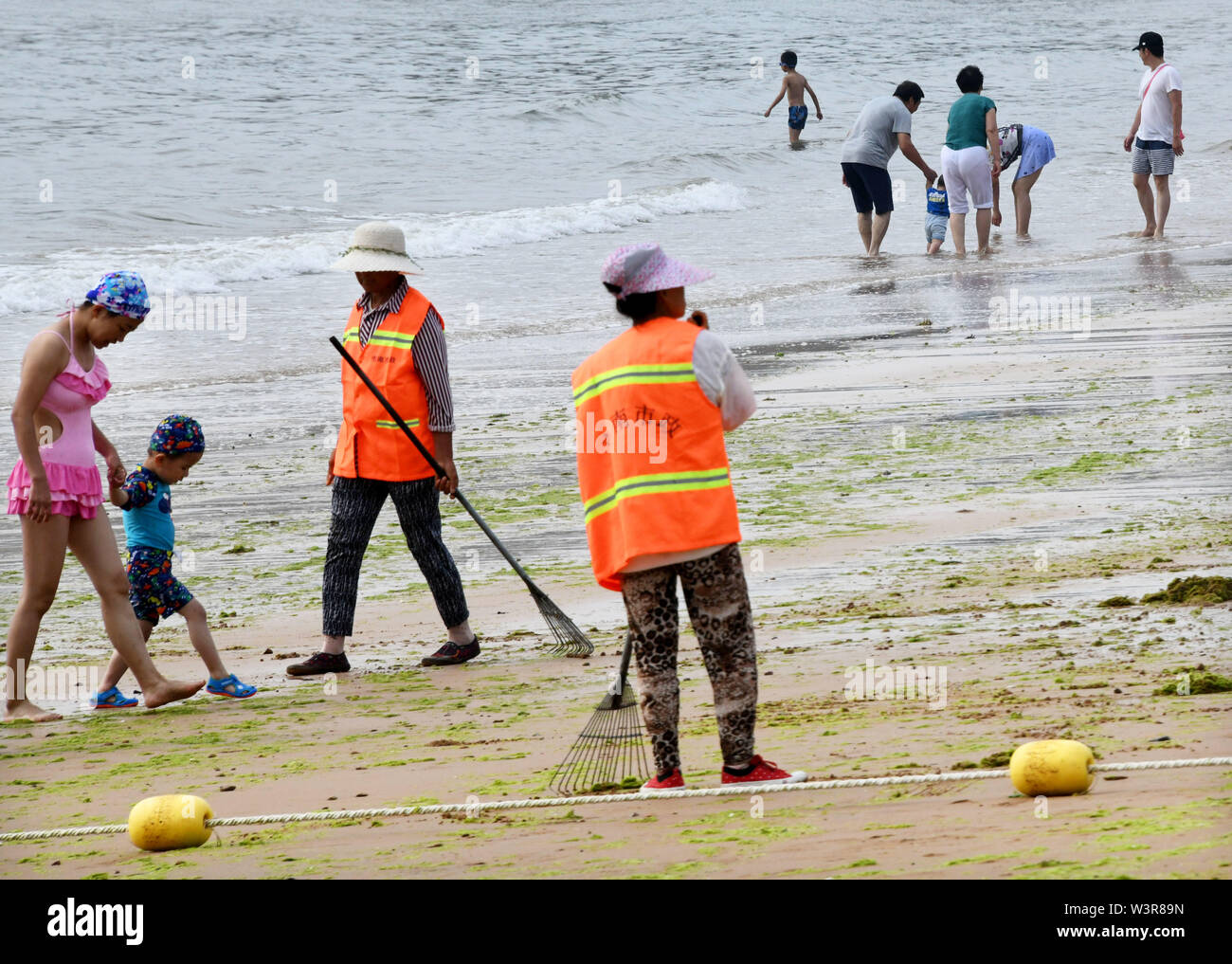 Qingdao, Cina Shandong. 17 Luglio, 2019. Lavoratori alghe chiaro lungo la spiaggia di Qingdao, Cina orientale della provincia di Shandong, 17 luglio 2019. Credito: Li Ziheng/Xinhua/Alamy Live News Foto Stock