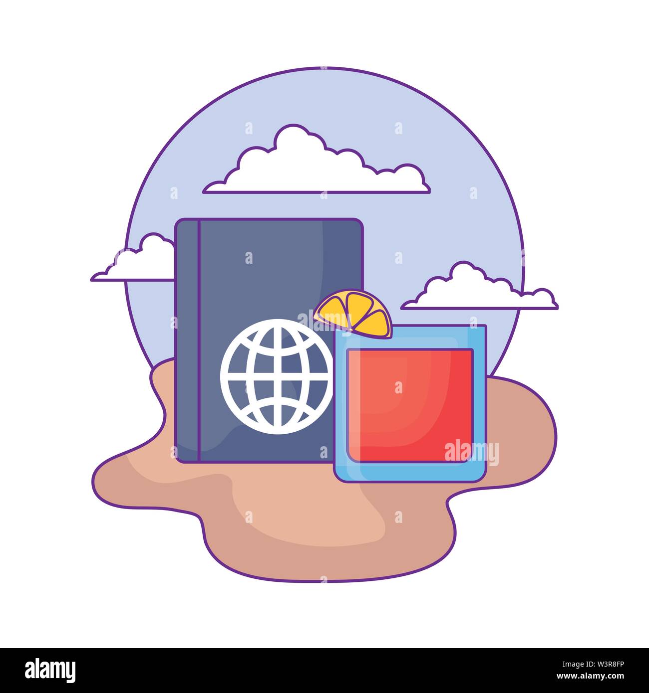 Passport ID documento con succhi di frutta fresca nella spiaggia illustrazione vettoriale design Illustrazione Vettoriale