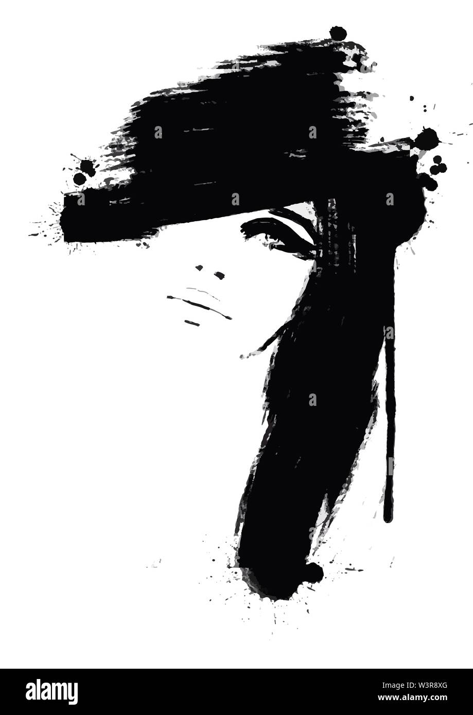 Illustrazione di Moda in bianco e nero. Schizzo di Moda. Una pittura astratta donna. La moda dello sfondo. Ragazza con cappello. Vettore illustrazione di moda. Illustrazione Vettoriale