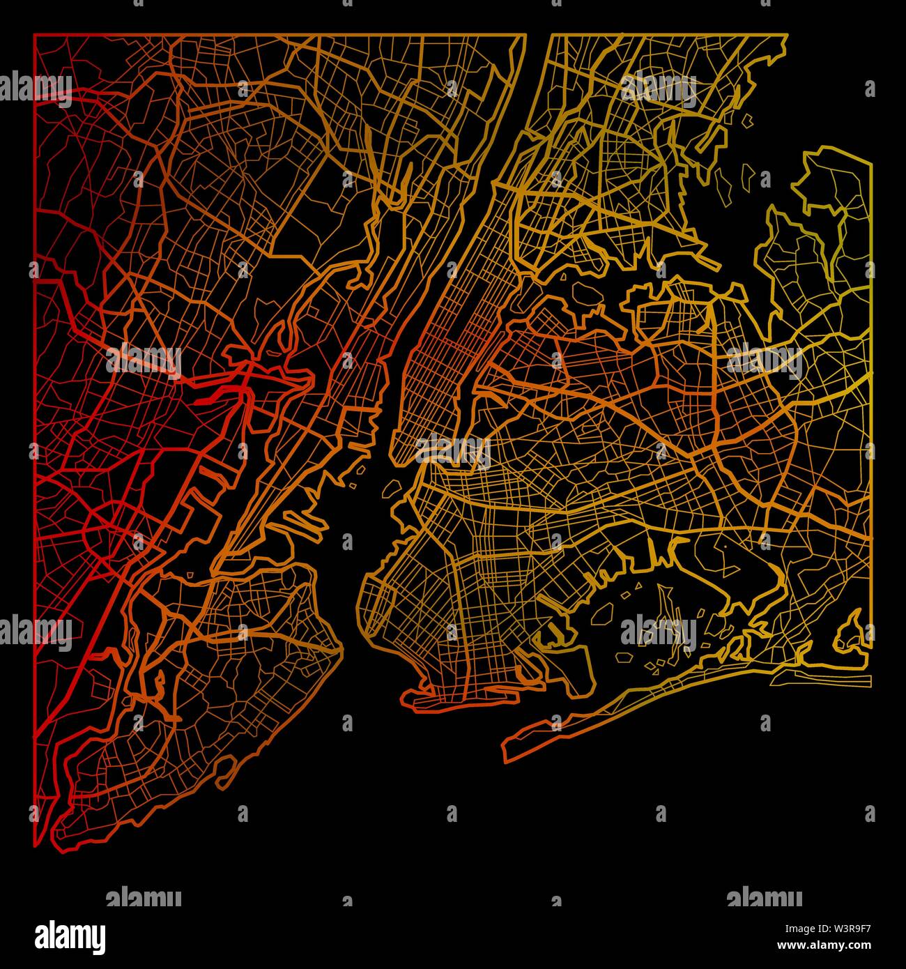 Colore New York City map silhouette isolati su sfondo nero Illustrazione Vettoriale
