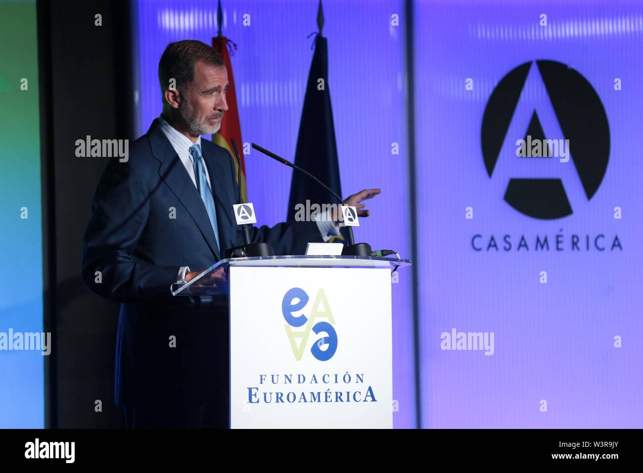 Madrid, Spagna. 17 Luglio, 2019. Madrid, Spagna; 07/17/2019.Felipe VI, re di Spagna, assiste il colloquio per i venti anni della fondazione Euroamerica "20 anni di relazioni tra Unione europea e America Latina, le sfide del futuro" presso la American's House (Casa de America) in Madrid. Credito: Juan Carlos Rojas/Picture Alliance | in tutto il mondo di utilizzo/dpa/Alamy Live News Foto Stock