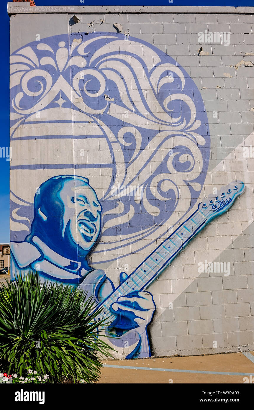 Un musicista di blues è dipinto sul muro a San Blues Guitar Workshop, Sett. 13, 2015, a Memphis, Tennessee. Foto Stock