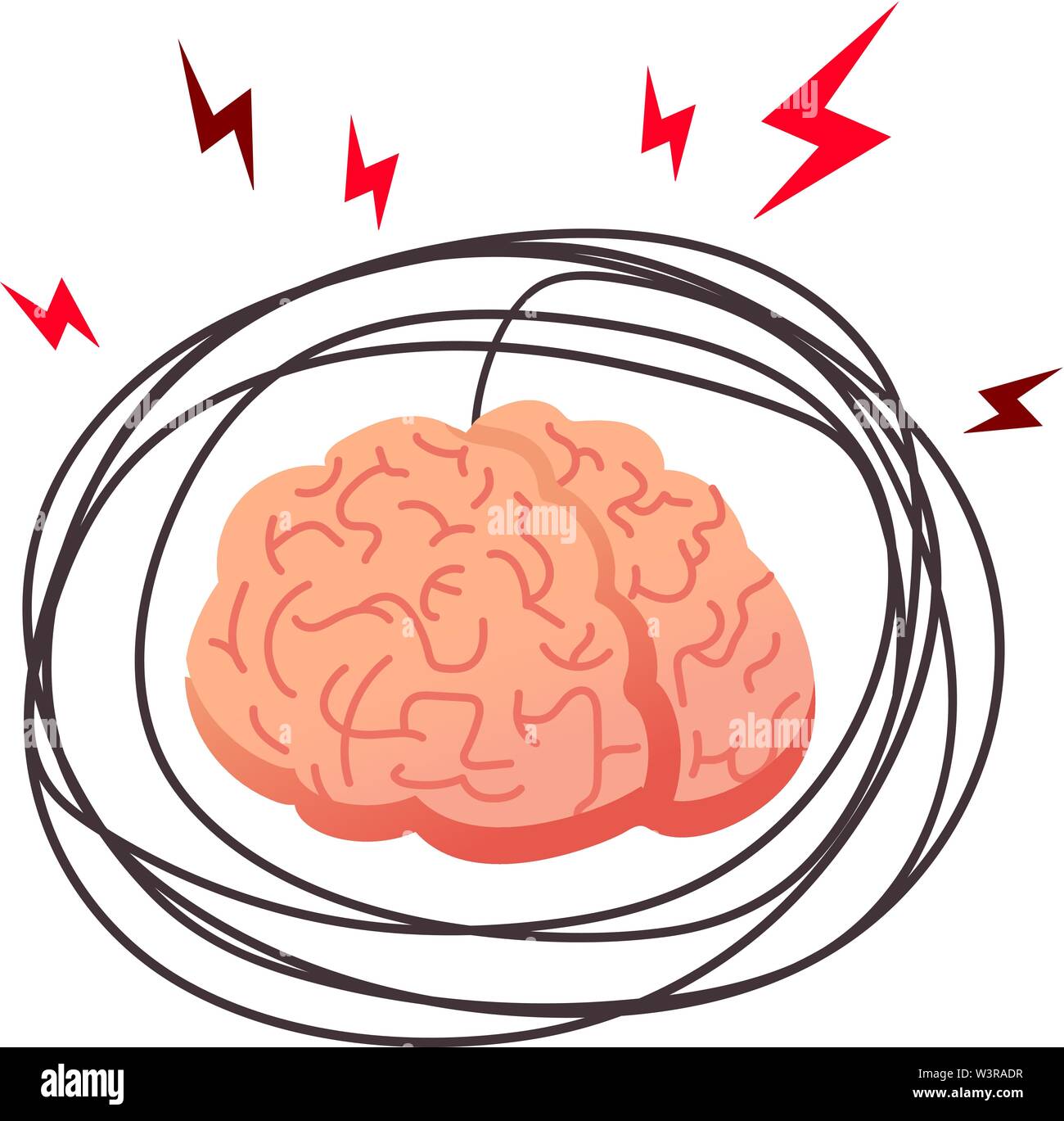 Lo stress del cervello, arrabbiato concetto. Lo stress che colpiscono il cervello umano, organo interno ha sottolineato con fattori esterni illustrazione vettoriale. Il cervello ha sottolineato con red l Illustrazione Vettoriale