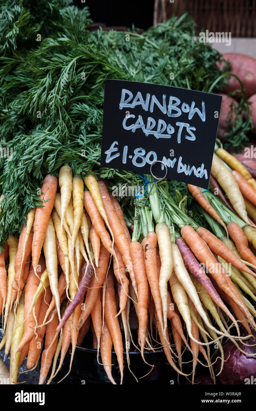 Rainbow carote ' Daucus carota " vendita, Borough Market,Londra Foto Stock