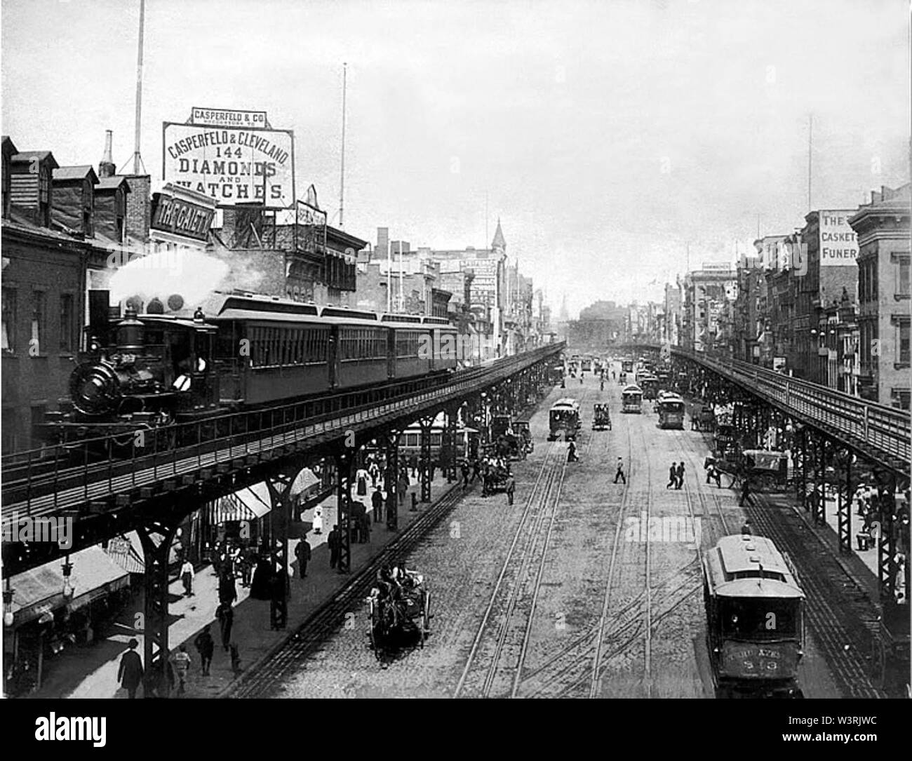 Un treno a vapore sulla Terza Avenue El oltre il Bowery nel 1896 Foto Stock