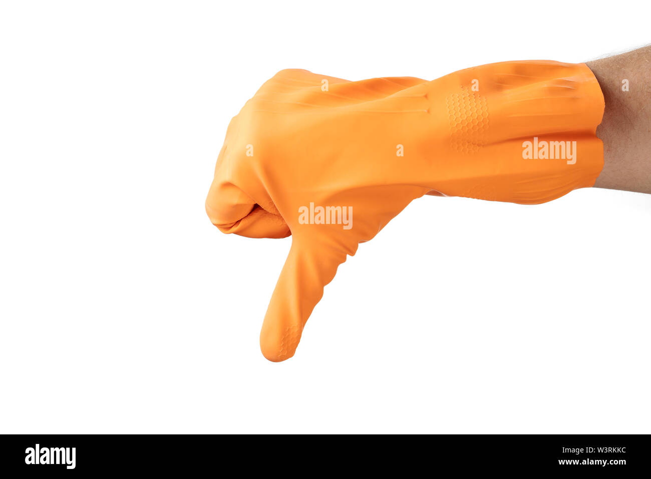 Il gesto a mano la pulizia, gomma arancione guanto, per casa e giardino, protezione. Isolare in bianco sullo sfondo. Foto Stock