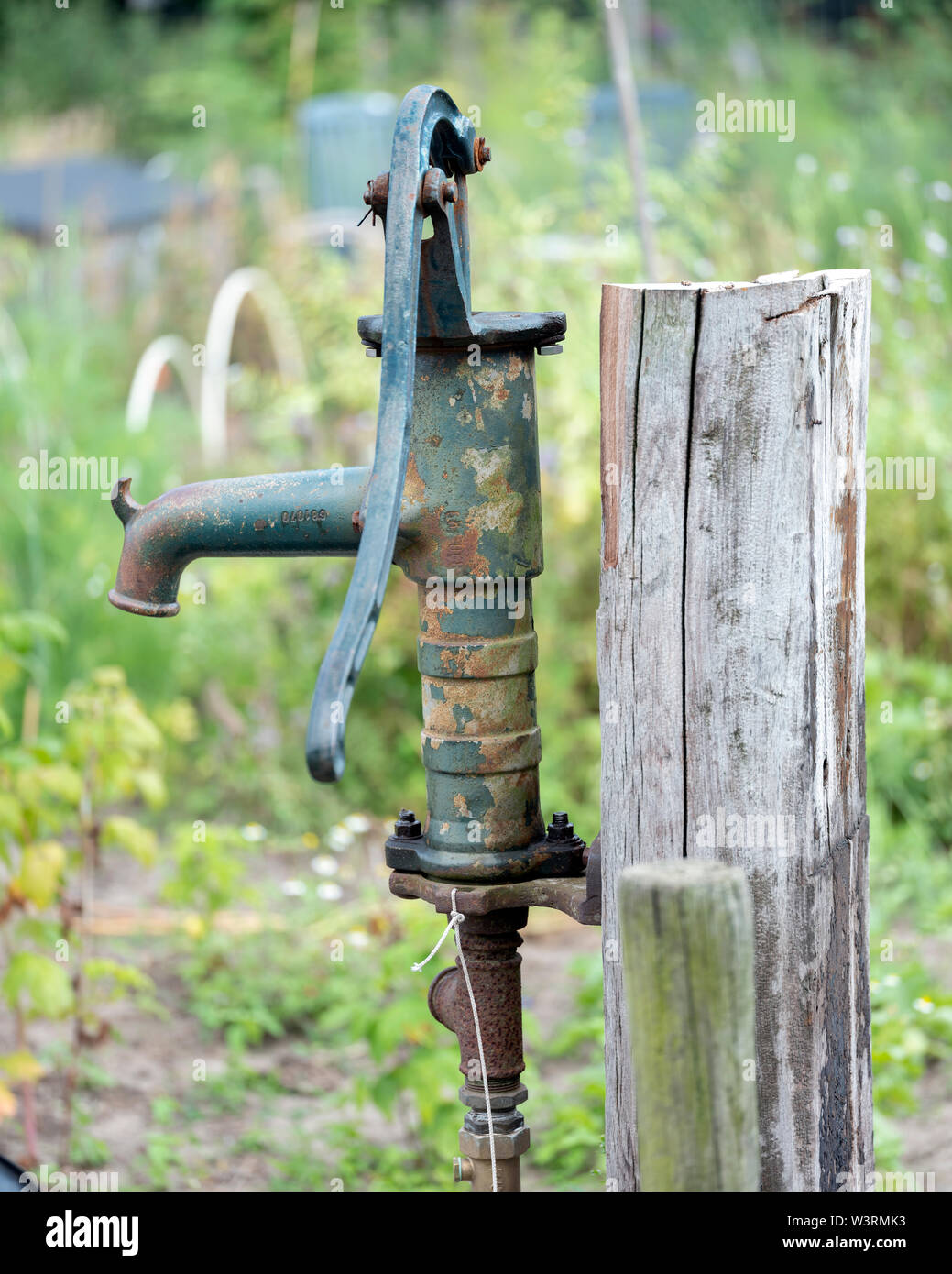 Vecchie e arrugginite in ghisa pompa acqua in un orto Foto Stock