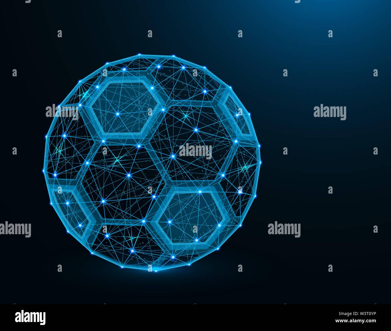 Pallone da calcio basso poli modello, gioco di sport grafica astratta, calcio wireframe poligonale illustrazione vettoriale su sfondo blu scuro Illustrazione Vettoriale