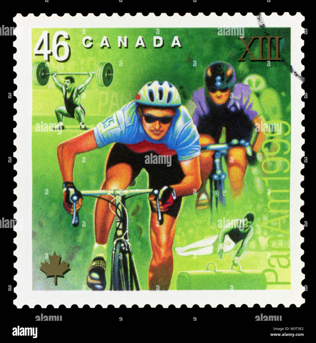 CANADA - circa 1999: timbro stampato dal Canada, mostra il ciclismo, sollevamento pesi, ginnastica, circa 1999 Foto Stock