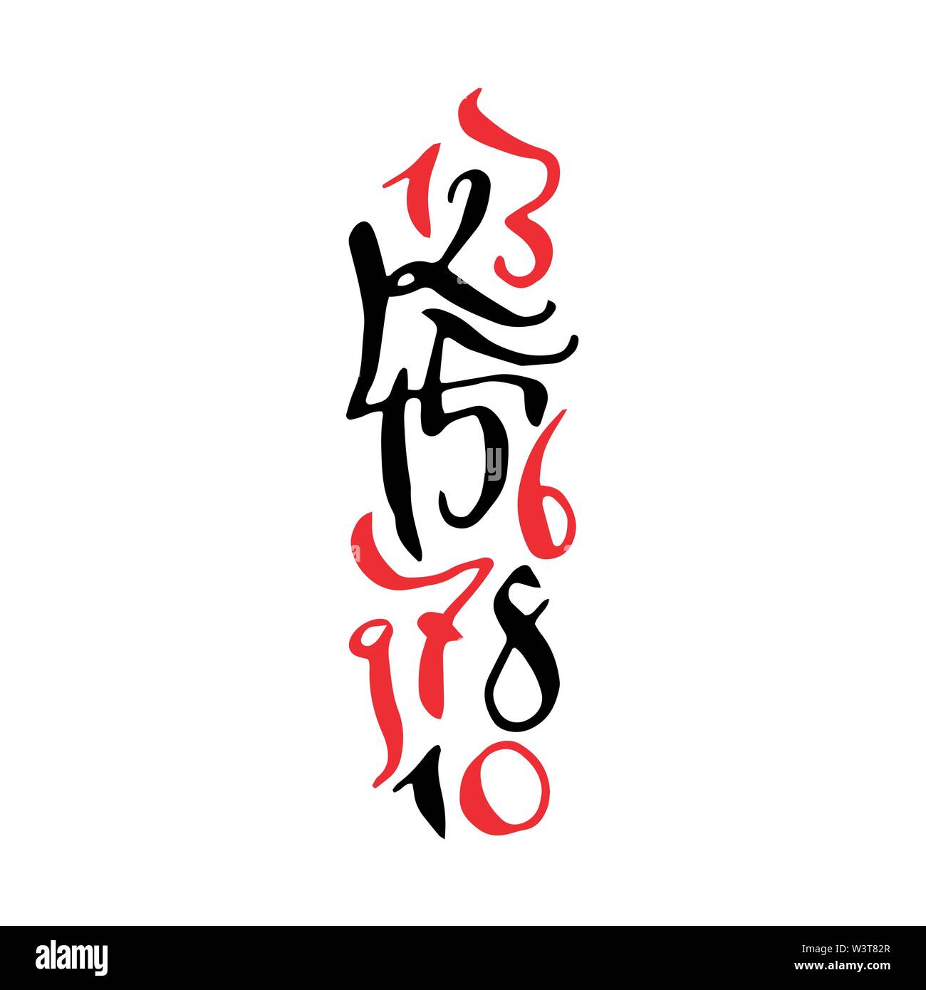 Nero e rosso stile arabo disegnati a mano di alta qualità calligraphy poster con i numeri. Isolato su sfondo bianco Illustrazione Vettoriale
