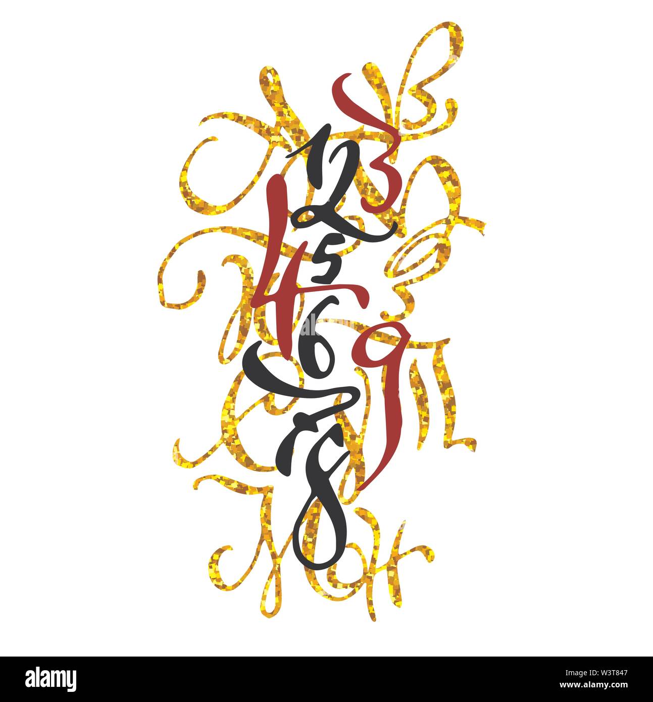 Golden stile arabo disegnati a mano di alta qualità calligraphy poster con i numeri. Isolato su sfondo bianco Illustrazione Vettoriale