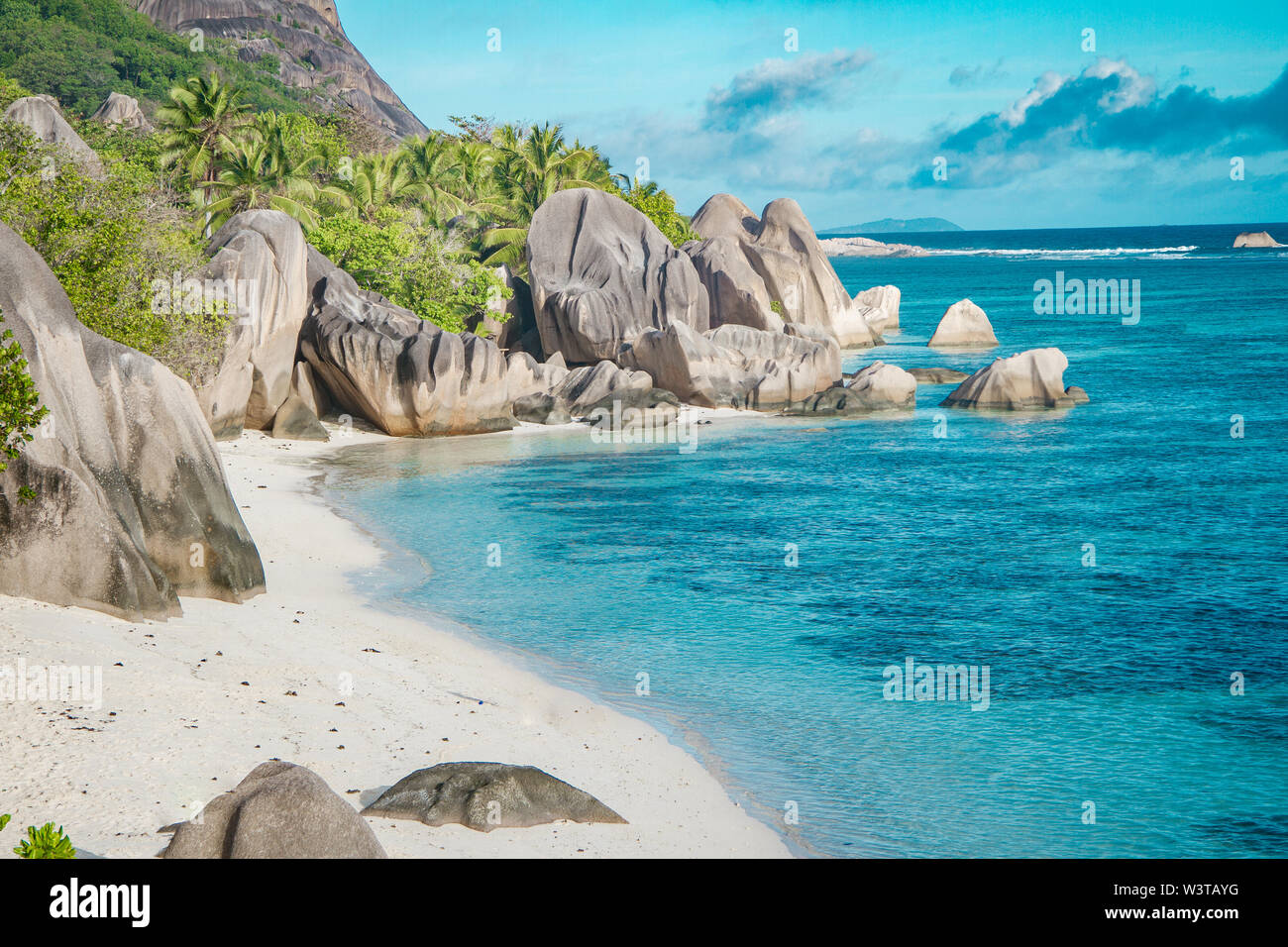 La spiaggia più bella delle Seychelles - Anse Source d'Argent Foto Stock