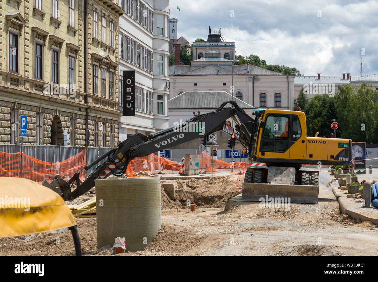 Lavori di costruzione a Erjavceva Street a Ljubljana, Slovenia Foto Stock