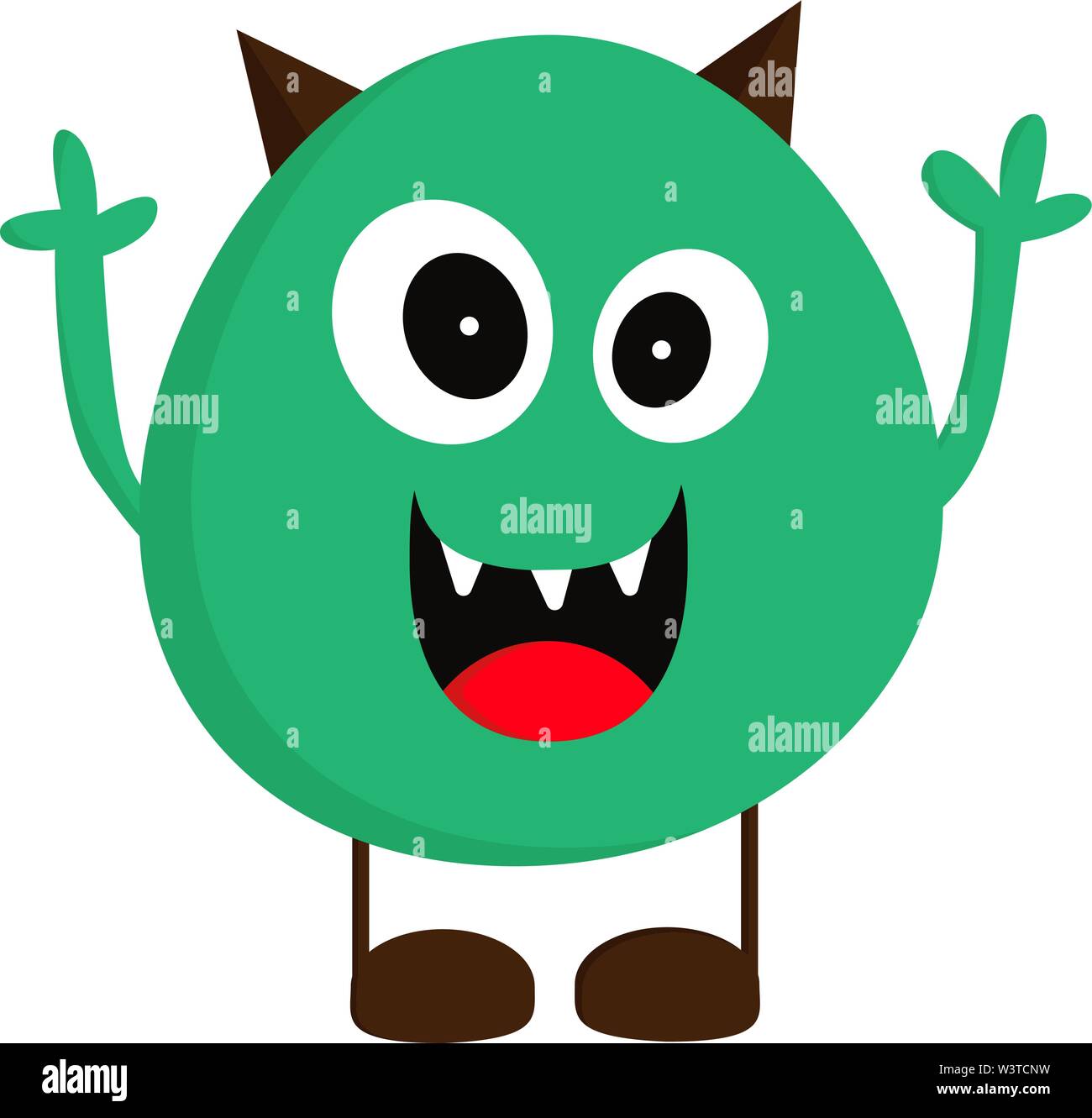 Un marrone e il mostro verde con grandi occhi e 3 denti affilati, il vettore, il colore di disegno o illustrazione. Illustrazione Vettoriale