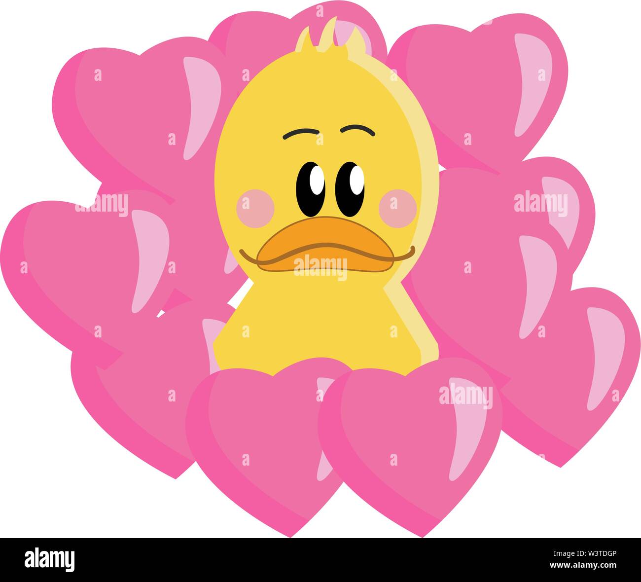 Un simpatico baby giallo di anatra con guance rosee circondato da rosa cuori, il vettore, il colore di disegno o illustrazione. Illustrazione Vettoriale