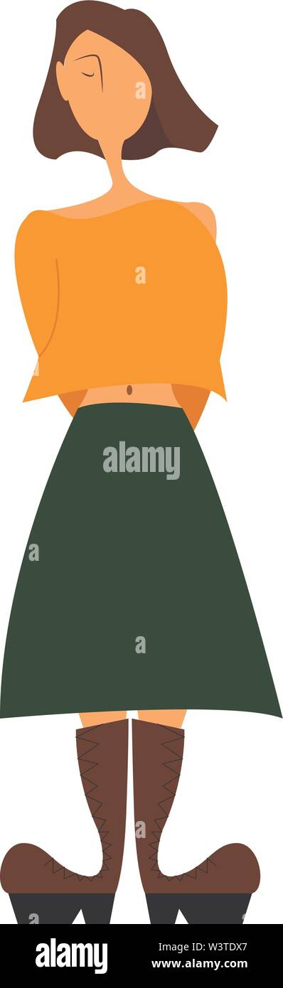 Una ragazza in un mantello verde e una maglietta arancione con un marrone stivali, vettore, il colore di disegno o illustrazione. Illustrazione Vettoriale