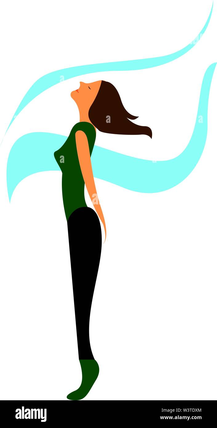 Una ragazza ginnasta indossando un ginnasta verde il vestito e un vento che soffia i suoi capelli, il vettore, il colore di disegno o illustrazione. Illustrazione Vettoriale
