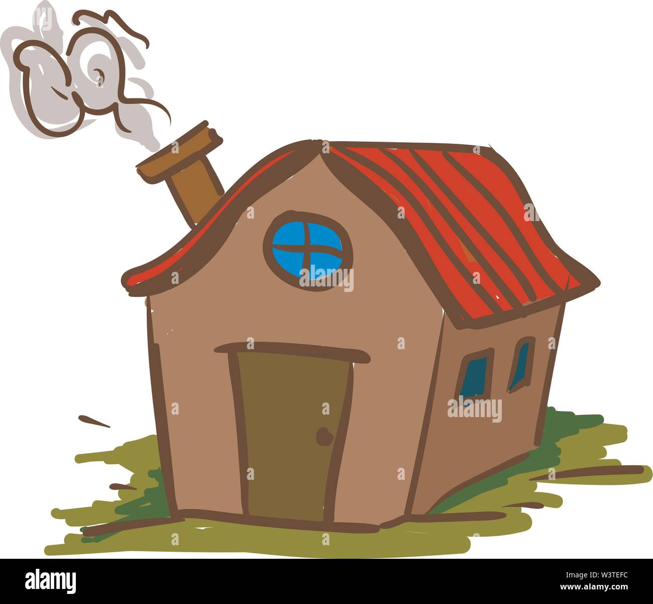 Un cartoon di una casa con un tetto rosso e un fumo in uscita dal camino, il vettore, il colore di disegno o illustrazione. Illustrazione Vettoriale