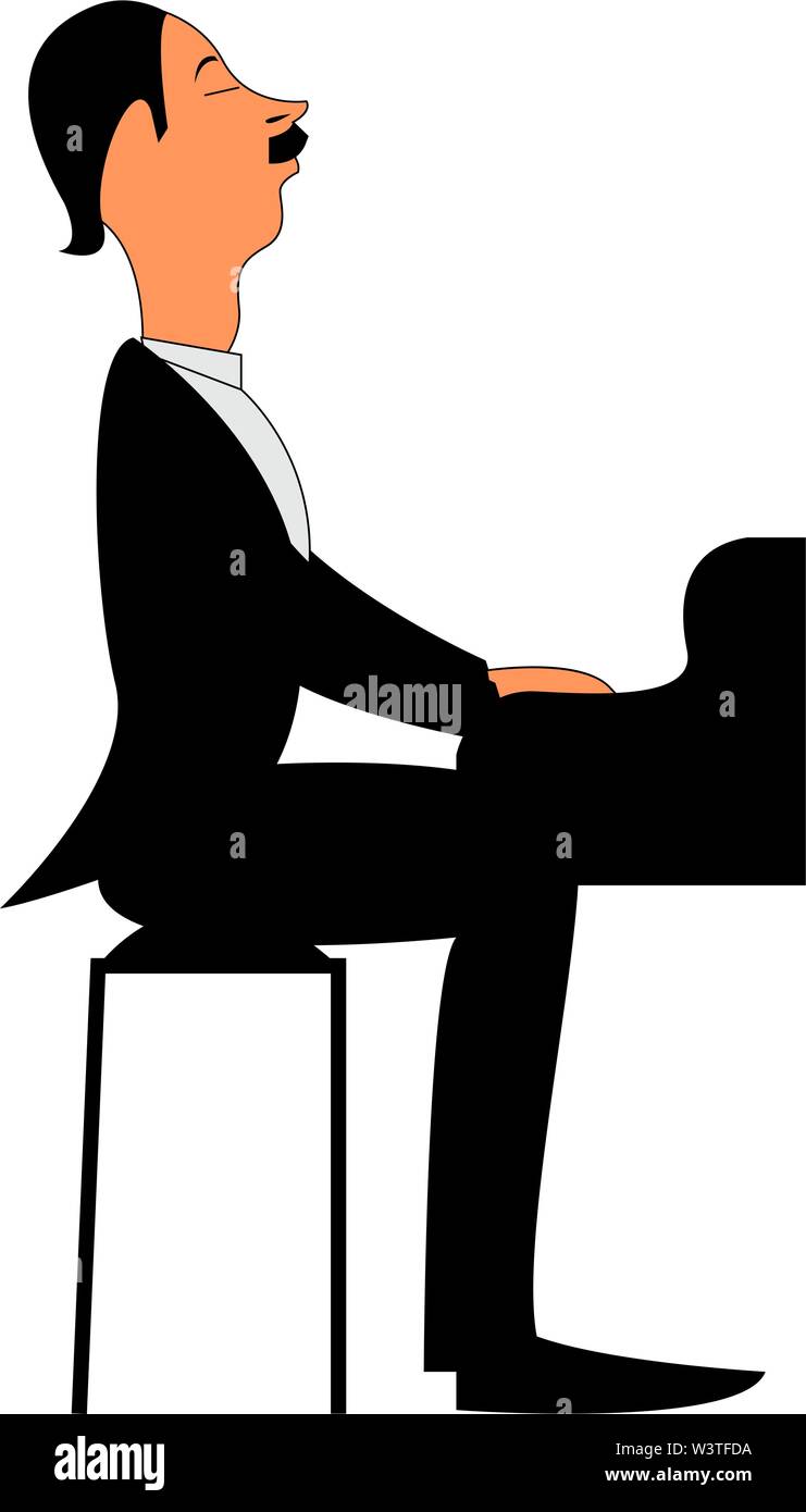 Un pianista che suona su un pianoforte con gli occhi chiusi, il vettore, il colore di disegno o illustrazione. Illustrazione Vettoriale