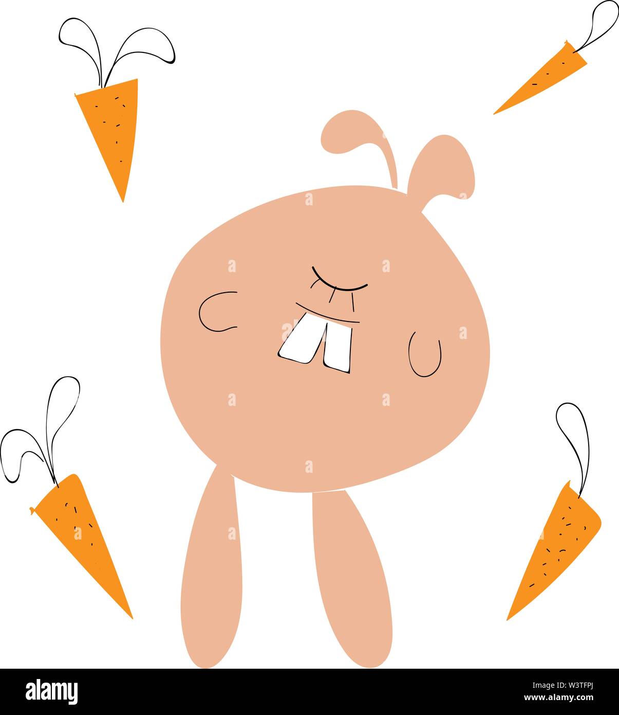 Un divertente cartoon di un coniglio con solo gli occhi chiusi e quattro carote in background, il vettore, il colore di disegno o illustrazione. Illustrazione Vettoriale