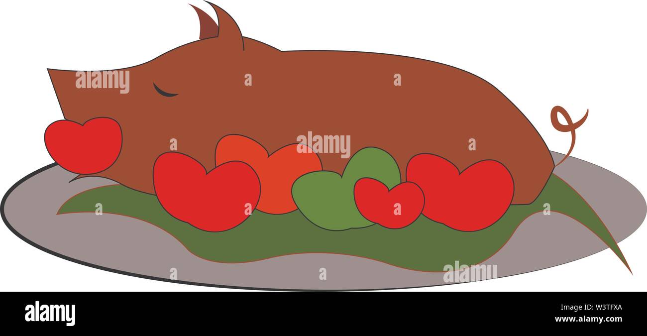 Completamente marrone arrosto di maiale con pomodori, il vettore, il colore di disegno o illustrazione. Illustrazione Vettoriale