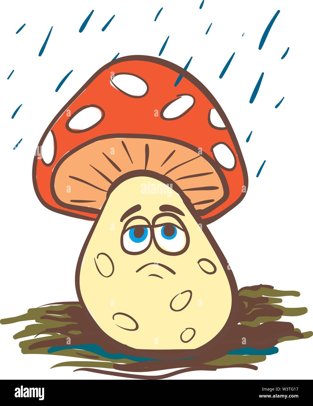 Un triste fungo rosso in caso di pioggia, il vettore, il colore di disegno o illustrazione. Illustrazione Vettoriale
